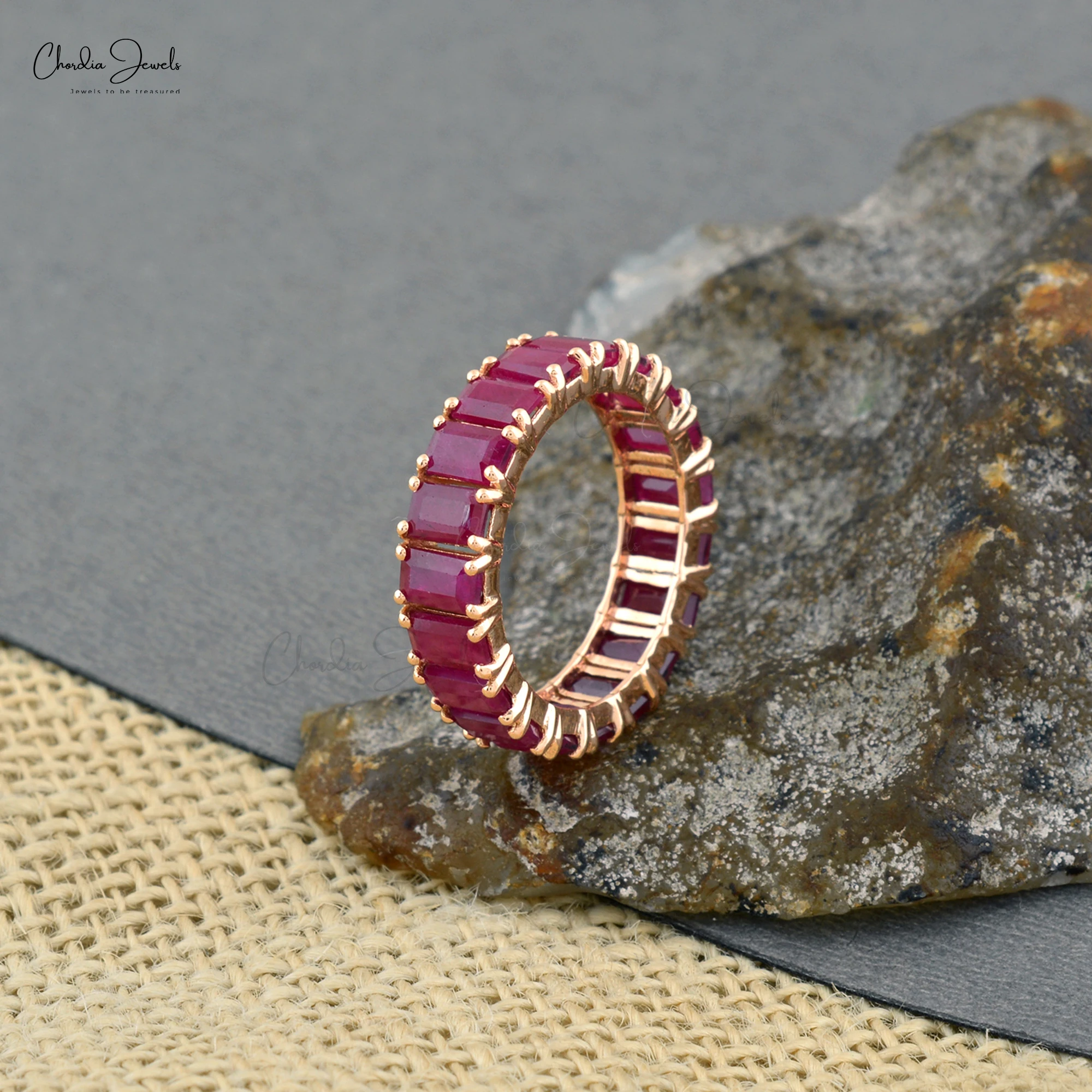 Ruby Full Eternity Band 5X3mm Octagon Cut Gemstone Stackable Ring 14k Rose Gold Prong Set Ring Jewelry Manufacturer From India