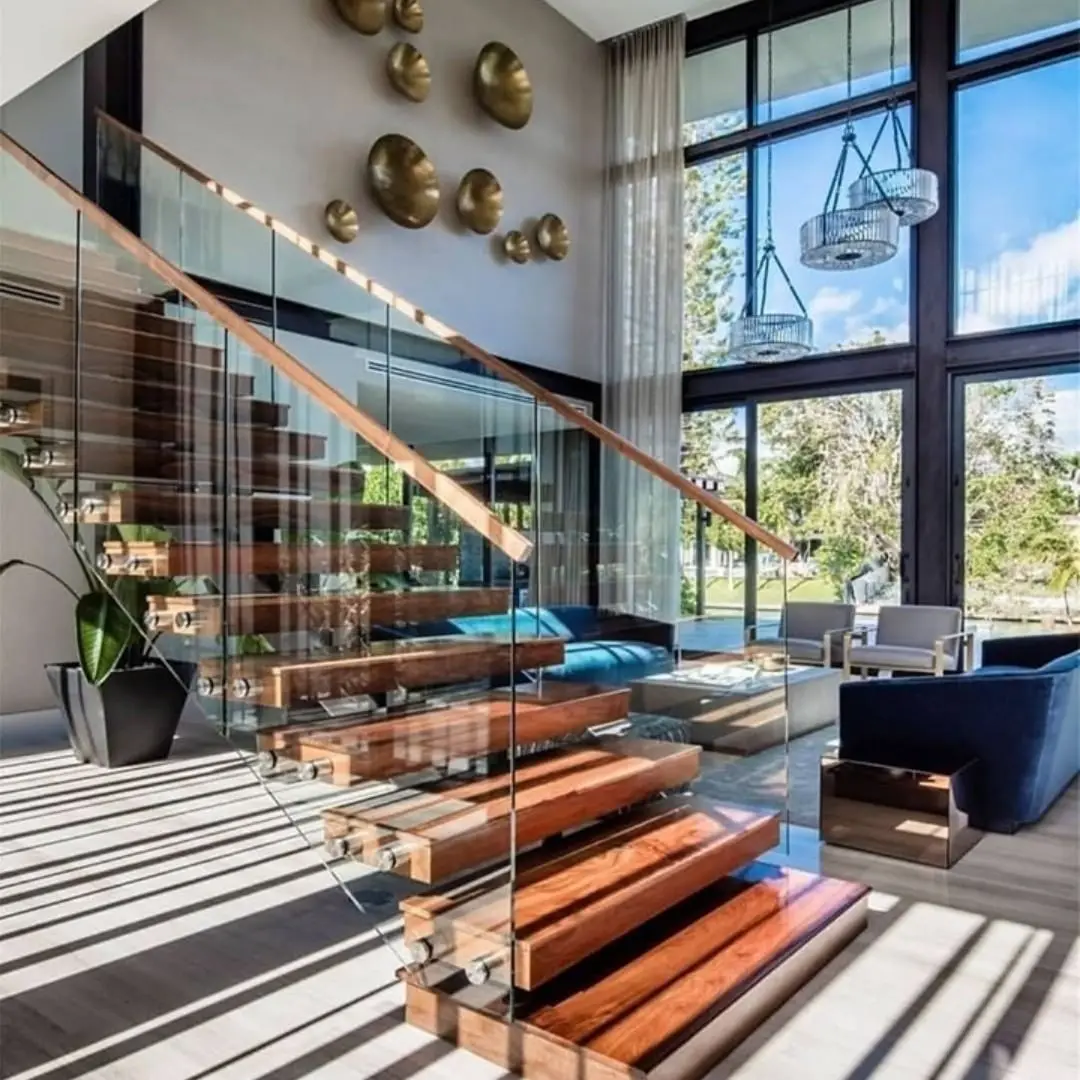 Modern LED wooden stairs stringer staircase wood treads stairs with glass
