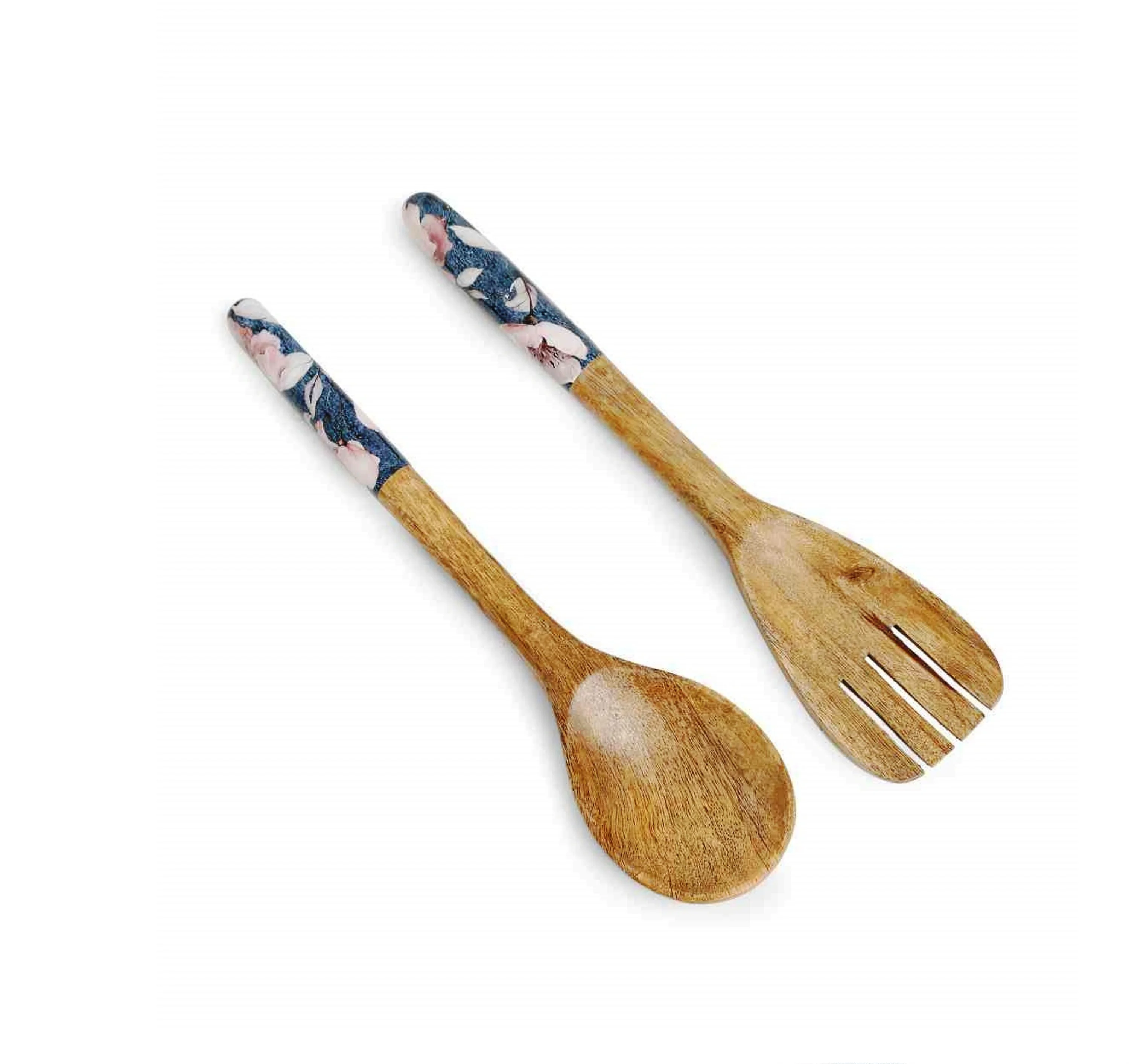 Buy Blue Natural Wood Salad Servers With Flower Design 1  Set of Handmade Wooden Salad Server Spoons Forks Made In India