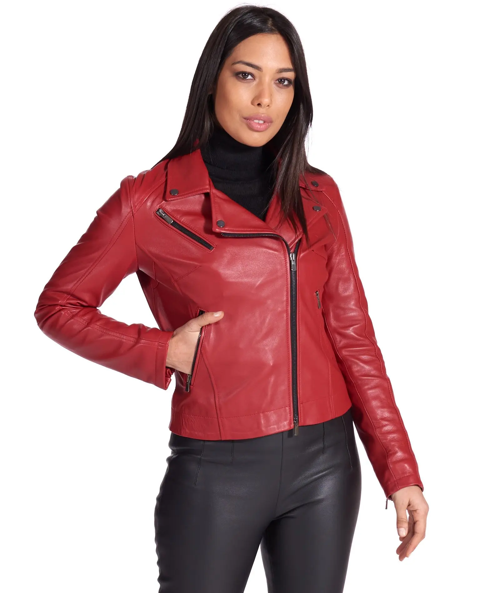 Autumn Soft Red Color Real Sheep Leather Luxury Women Classic Zipper Luxury Motorcycle Slim Sexy Leather Jackets