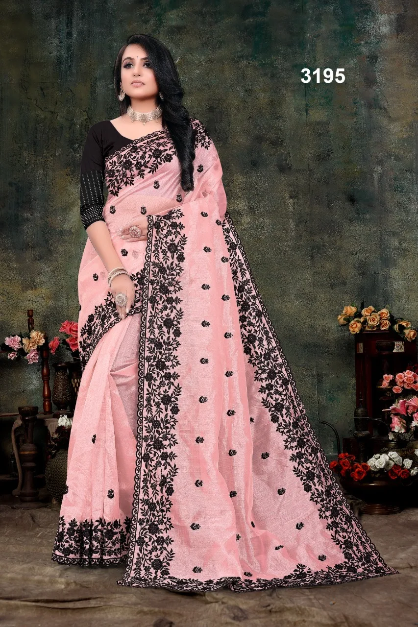 Elegant Organza Saree with Black Embroidery & Pearl Stone Work Paired with Shifali Boring Work Blouse Indian Pakistani Clothing