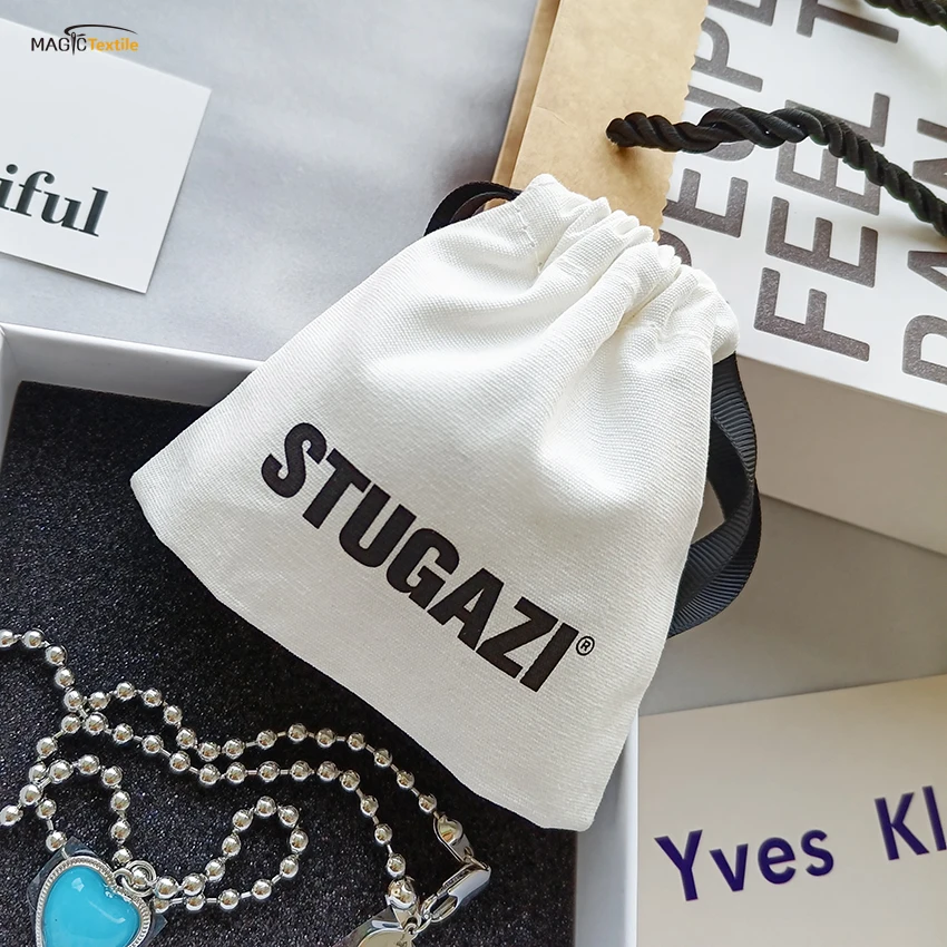 Wholesale Custom Logo Natural Organic Beige Gift Candle Drawstring String Canvas Jewellery Packaging Jewelry Cotton Pouch