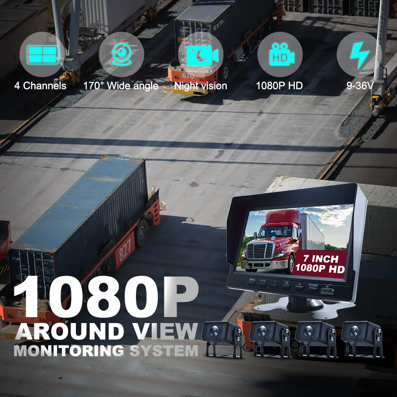 Heavy Truck DVR Monitor 4 Channel 7Inch Screen with 4pcs Camera  Kits CCTV Rear View Monitor Car Bus IR Night