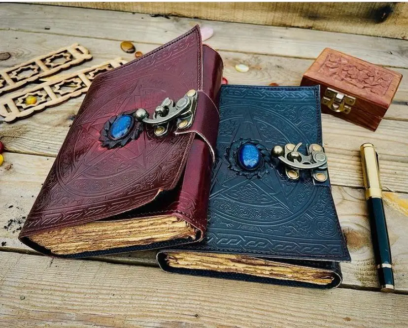 Vintage Leather A5 Journal 18 x 13 cm Dark Brown with Original Lapis Lazuli Stone & Antique Lock Paper Cover for Men & Women
