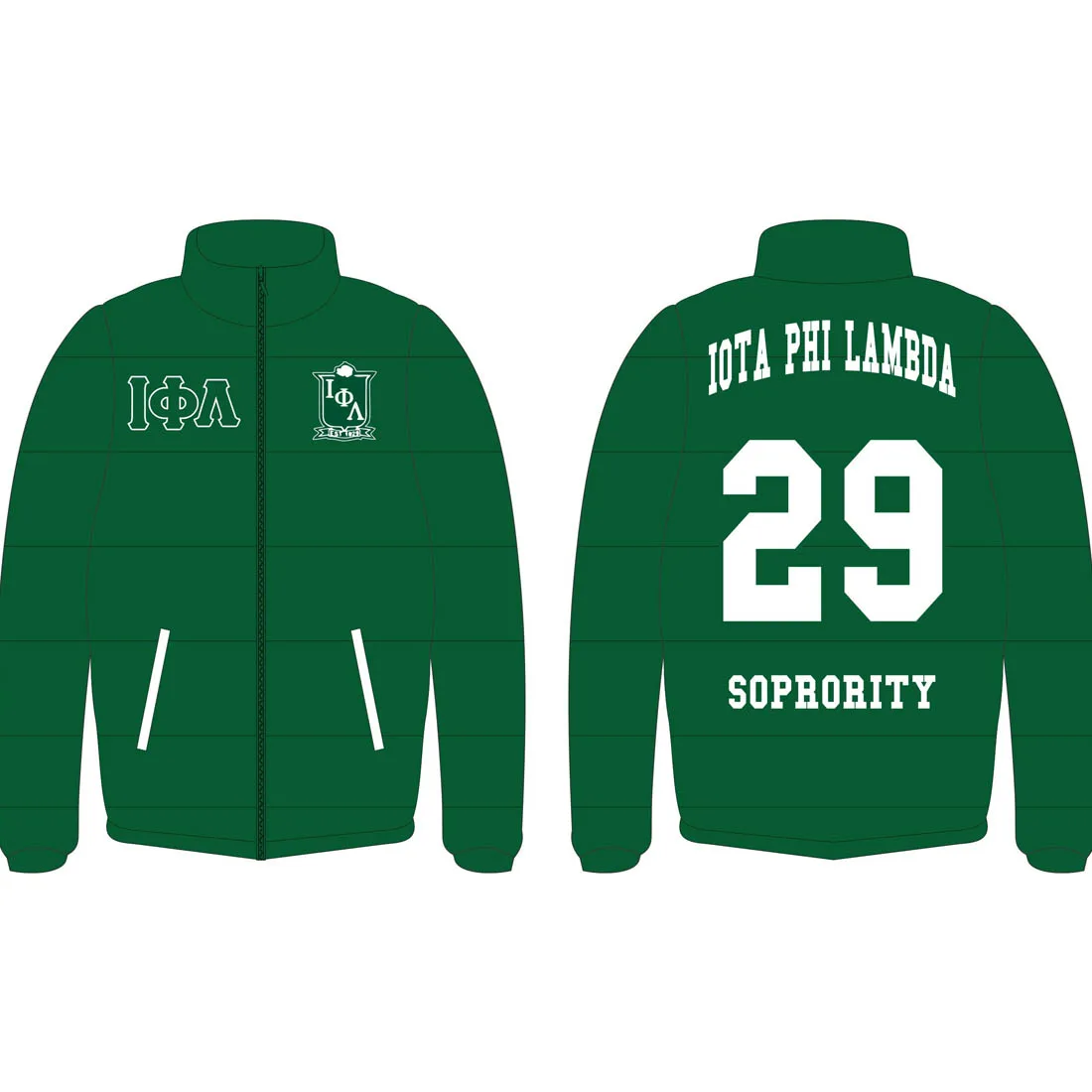 Iota Phi Lambda Sorority and fraternity Embroidery Quick Dry Wholesale Custom Stand Collar Winter Puffer Jacket
