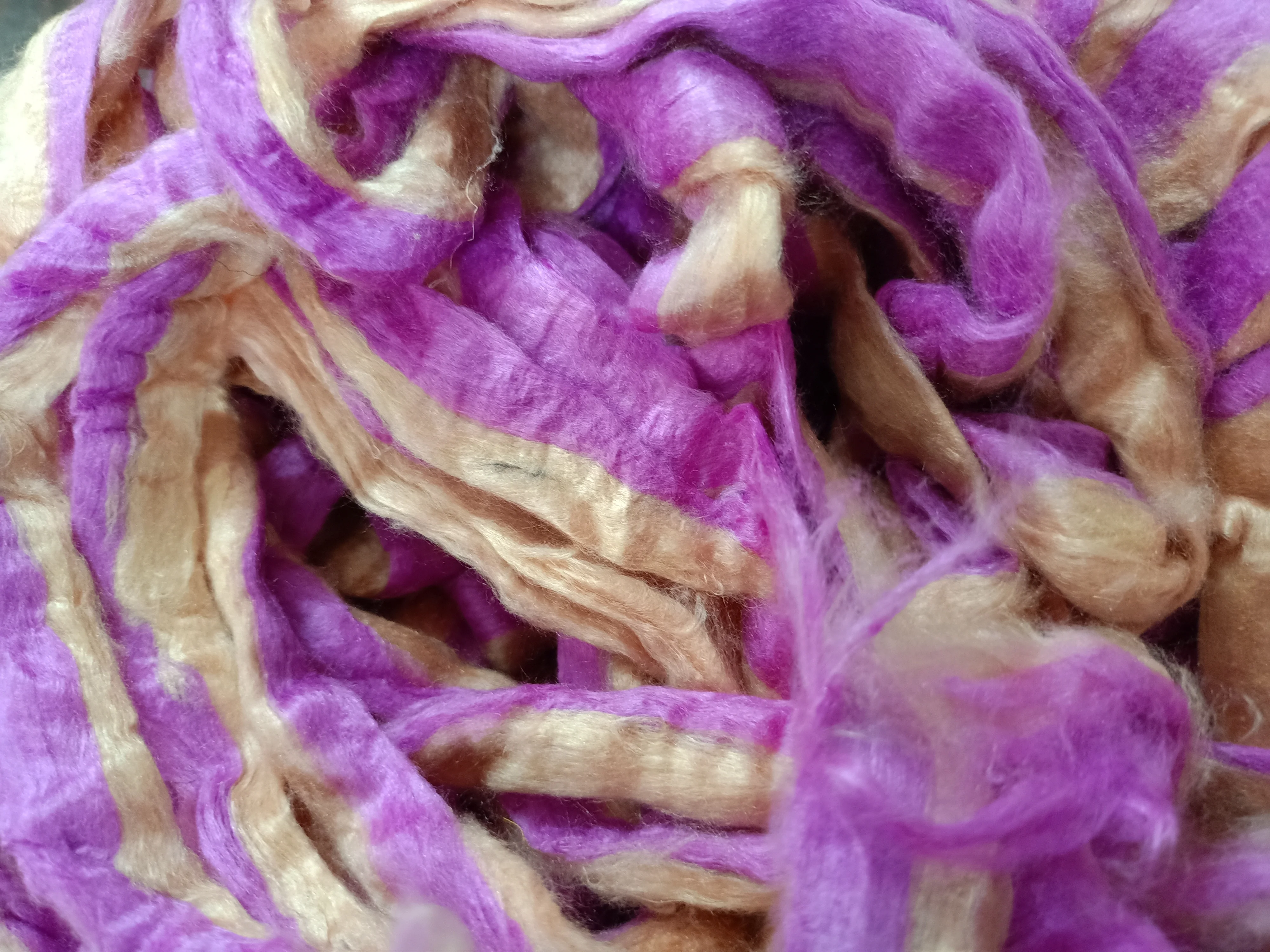 custom made sari silk sliver in two tone shades of purple and cream ideal for yarn and fiber stores suitable for felting