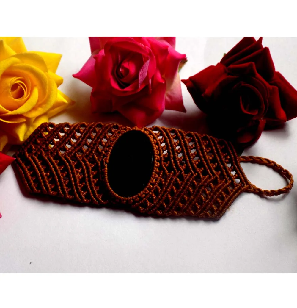 Elegant Vintage Jewelry Bohemian Rope Brown Thread Macrame Bracelet Black Onyx Oval Shape Macrame Bracelet For Friendship Day