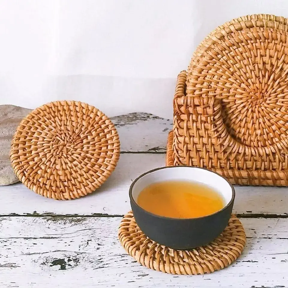 Drinks Wicker Boho Coasters Woven Coasters for Drinks 6 Set Handmade Natural Rattan Coasters