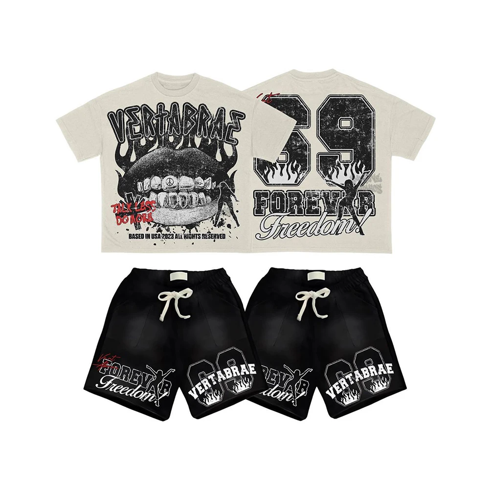Wholesale Custom Print Logo Wash Two Piece Graphic T Shirts and Short Set Summer 2 Shirt Shorts Tracksuit for Men