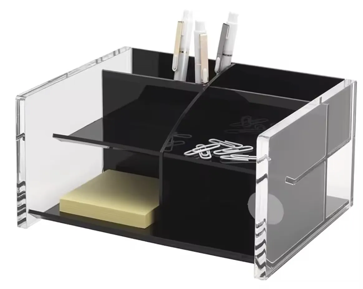Elegant Black Acrylic Desk Organizer with Multiple Compartments for Paper and Pen Storage