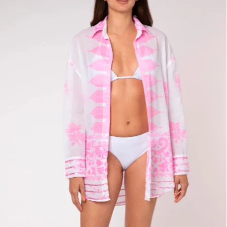 Warmer Weather Women Wardrobe Collection White Shirt In Neon Pink Dhaka Print  Boho Lady Instant Beach Style Coverup Shirt Dress