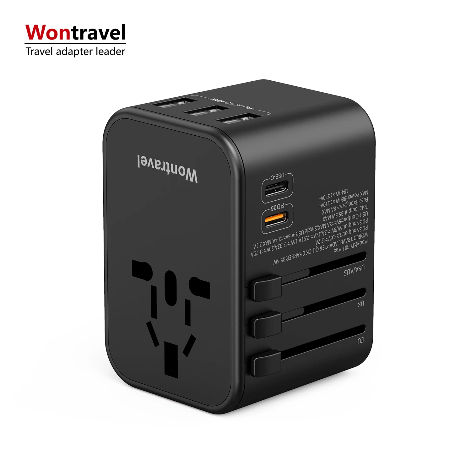 Wontravel Новый 35,5 Вт PD 3 USB Универсальный дорожный адаптер с несколькими разъемами адаптер для путешествий со всего мира Type C