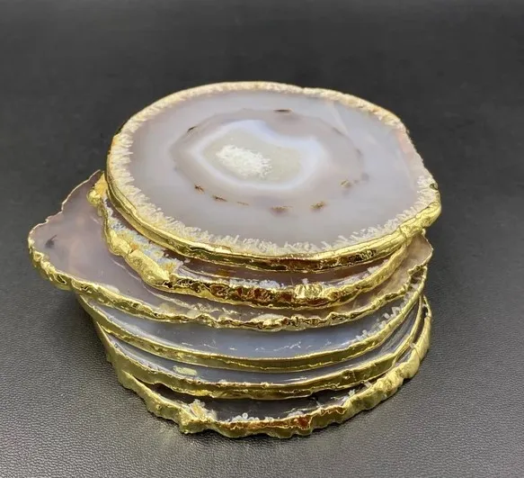 Wholesale Natural Gray Agate Large Slice Crystal Geode Stone Agate Gold Plated Trim Home Decoration For Sale