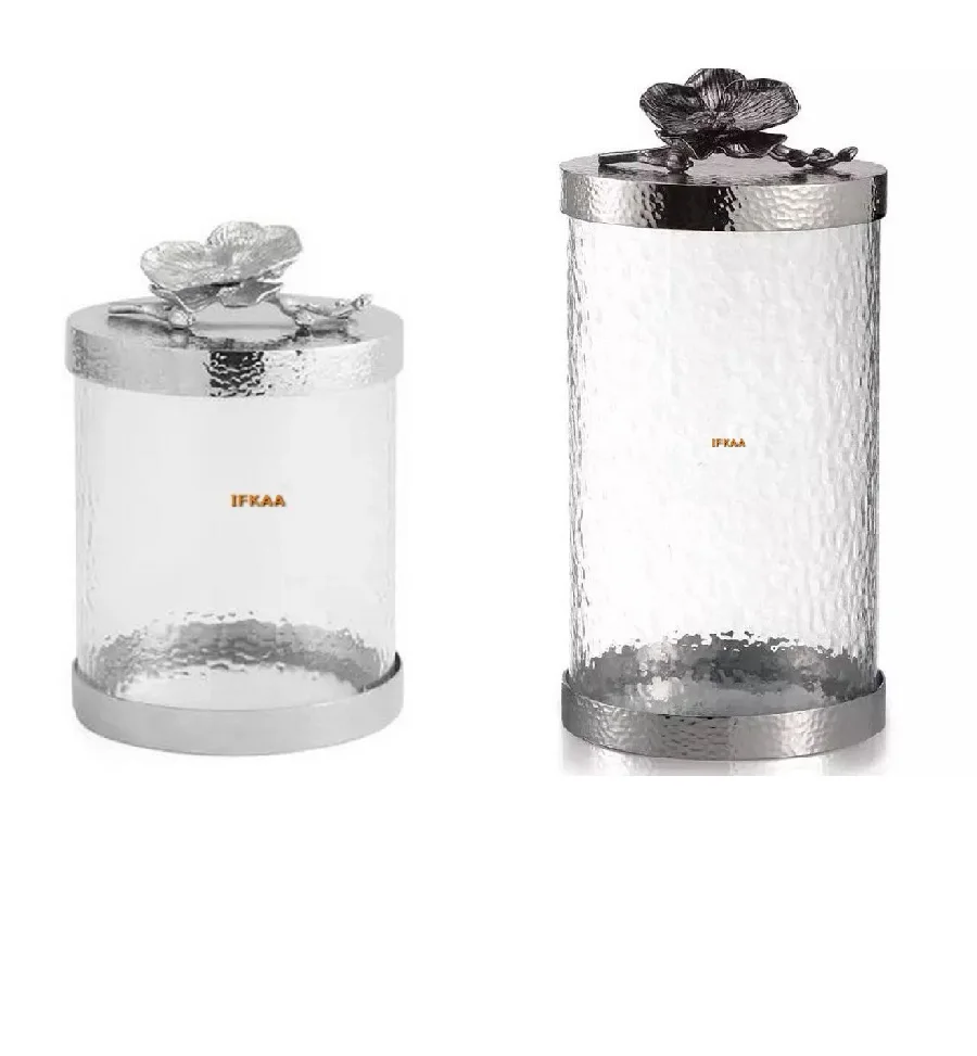 Premium Glass Jars With Gold Flower Lid Food Storage & Container Gold And Silver Home Hotel Restaurant Designer Fancy Glass Jar