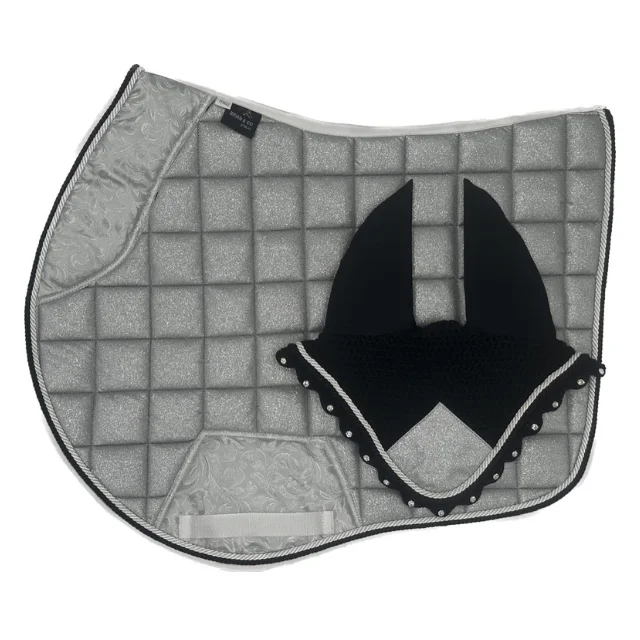 Top Quality Equestrian Horse Matching Saddle Pad Set, Contrast Color Ear Bonnet and Tendon Safety Boots, Glitter Saddle Pad Set