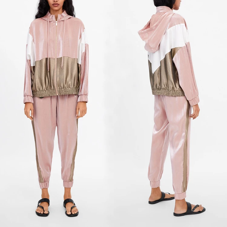 Casual Fashion women Polyester Shiny Contrast Color Zip up hoodie ladies tracksuit set