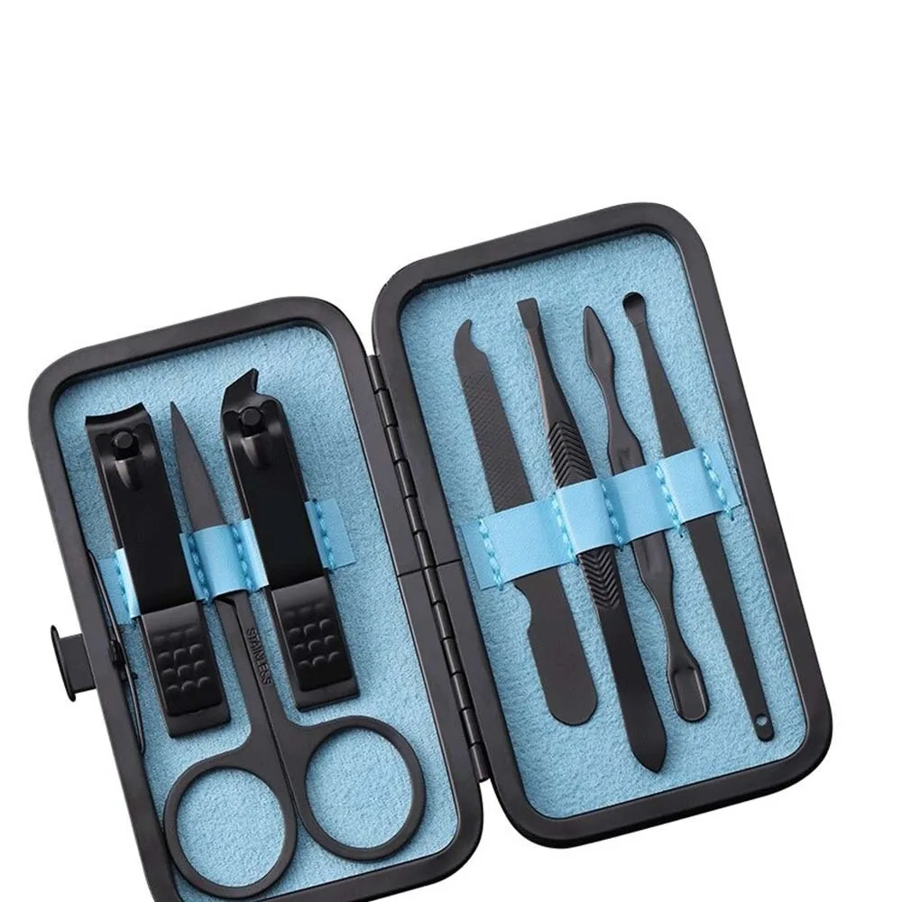 7Pcs Black Stainless Steel Nail Clipper Cutter Trimmer Ear Pick Grooming Kit Manicure Pedicure Scissor Tweezer Nail Tools Set