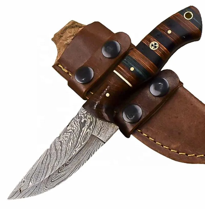 2022 Mini Pocket Carry Knife Fixed Blade Hand Made Skinning Knife Damascus Steel Knife With Leather Bag