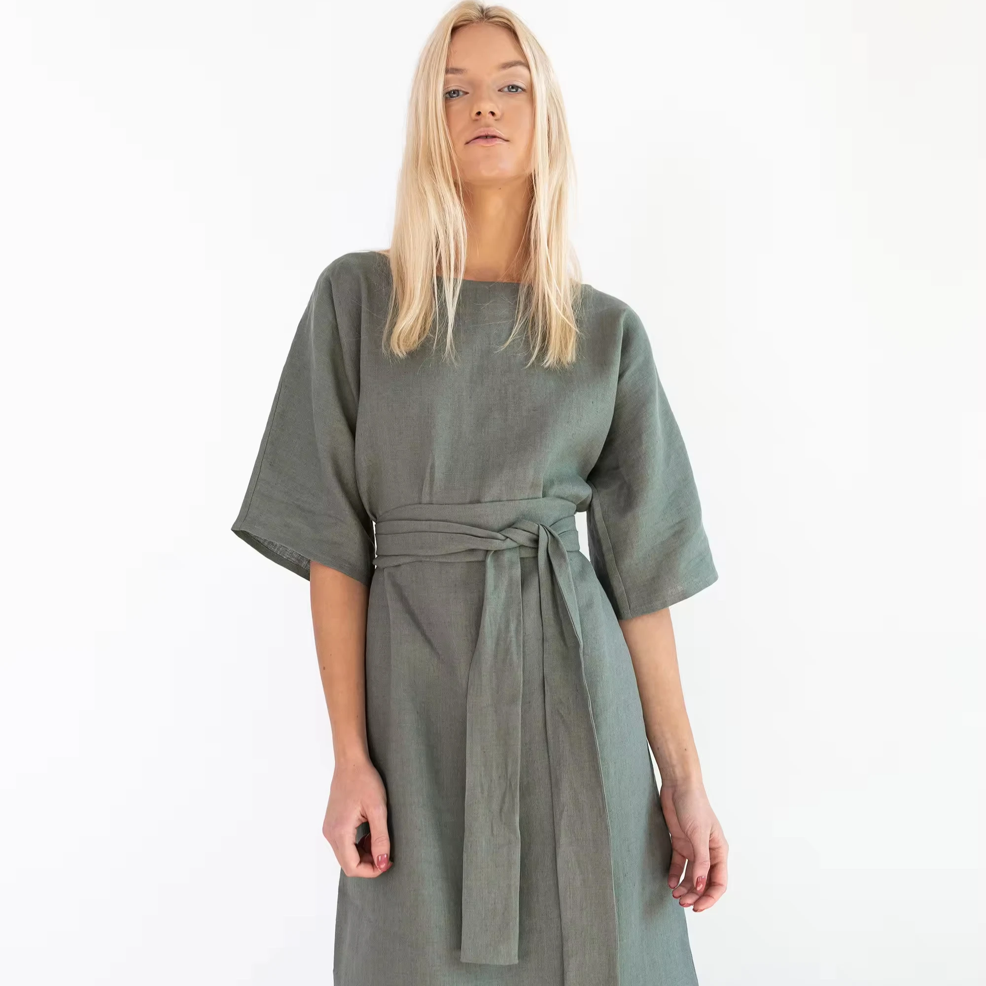 Professional Clothing Factory Women Boho Summer Linen Dress Deep V-neck Loose Pleated Split Midi Casual Dress At Wholesale Price