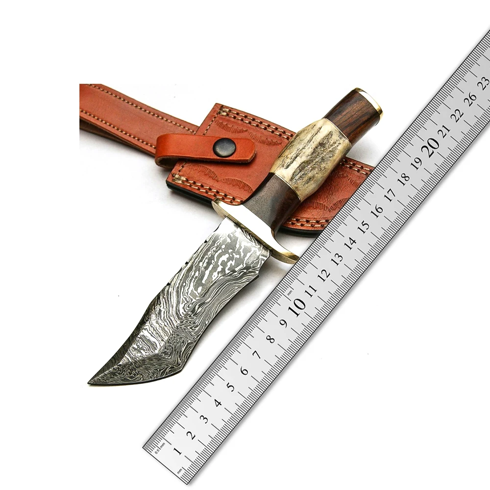 Custom Hand forged Damascus steel Hunting knife With Deer Antler Brass Guard Camping knife Leather Sheath Direct Factory Supply