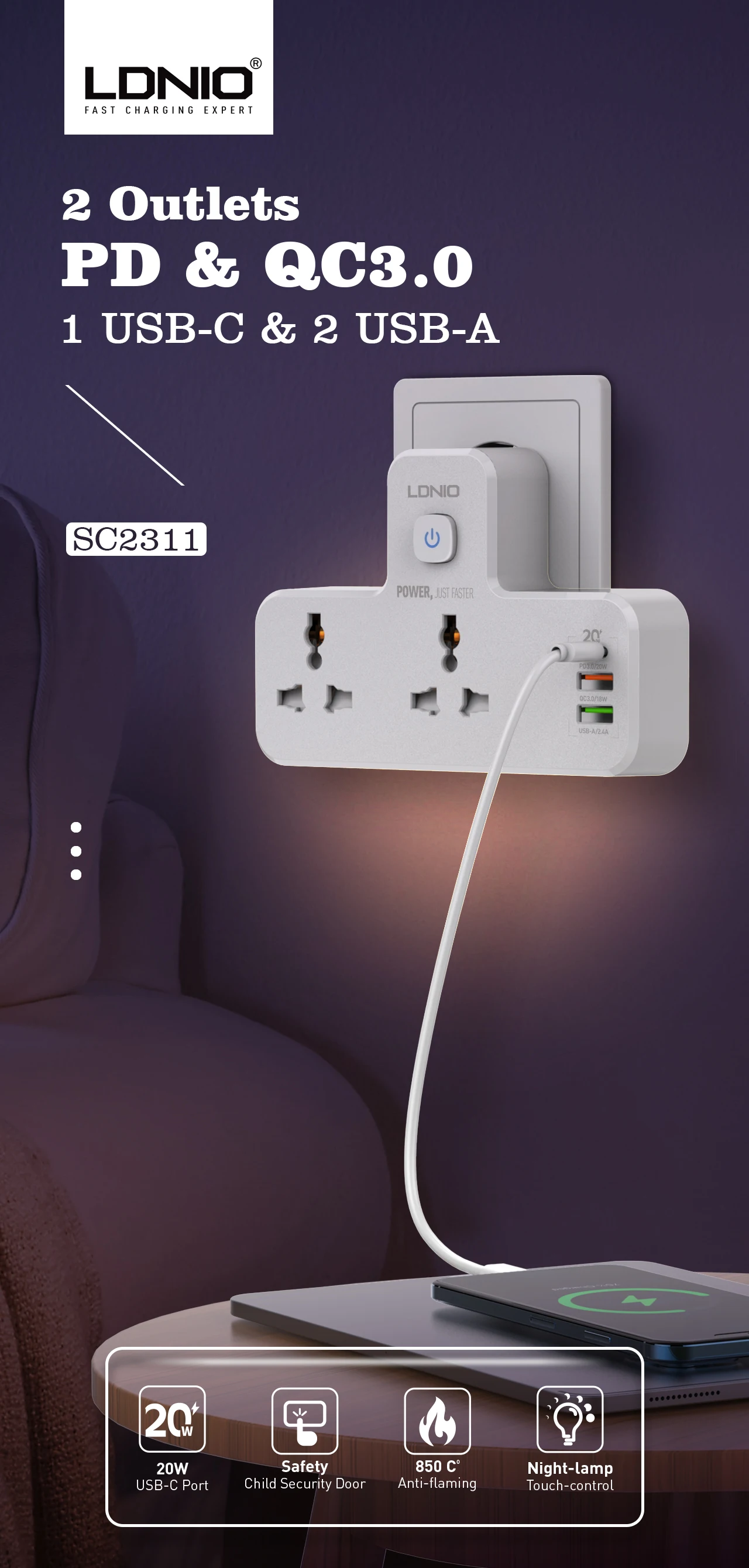 LDNIO SC2311 Smart Extension Socket 2 Port + 3 Usb Plug Night Lamp 1PD 1QC With Socket 2500W Power King Usb Extension Socket