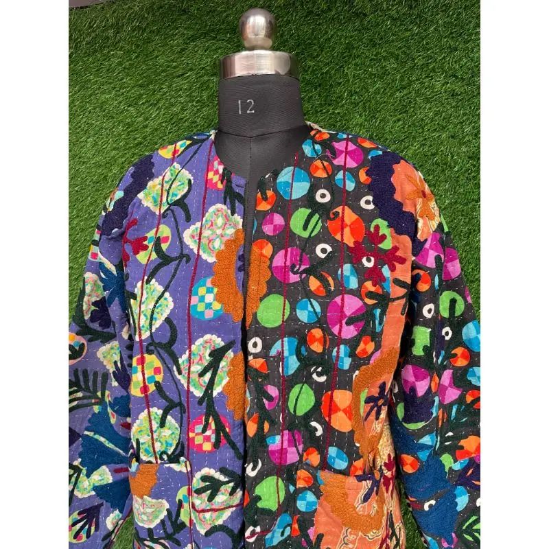 Indian Cotton Vintage Quilted Kantha Jacket Uzbek Suzani Hand Embroidered Winter Coat Unisex Party Wear Jacket Handmade Gudri