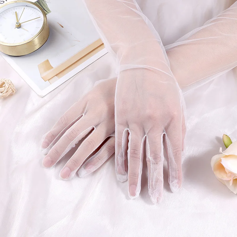 Lace and Sheer Net Gloves Elegant Long White Bridal Gloves for Wedding Photoshoots and Events