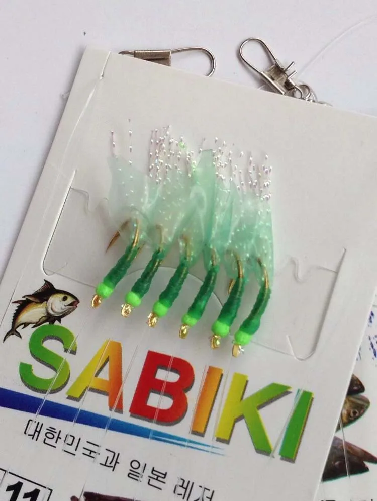 6#-15# Green Sabiki Rigs With Luminous Beads 6 Hooks Sea Flasher Bait Rigs Fishing Hook Sabiki Hook