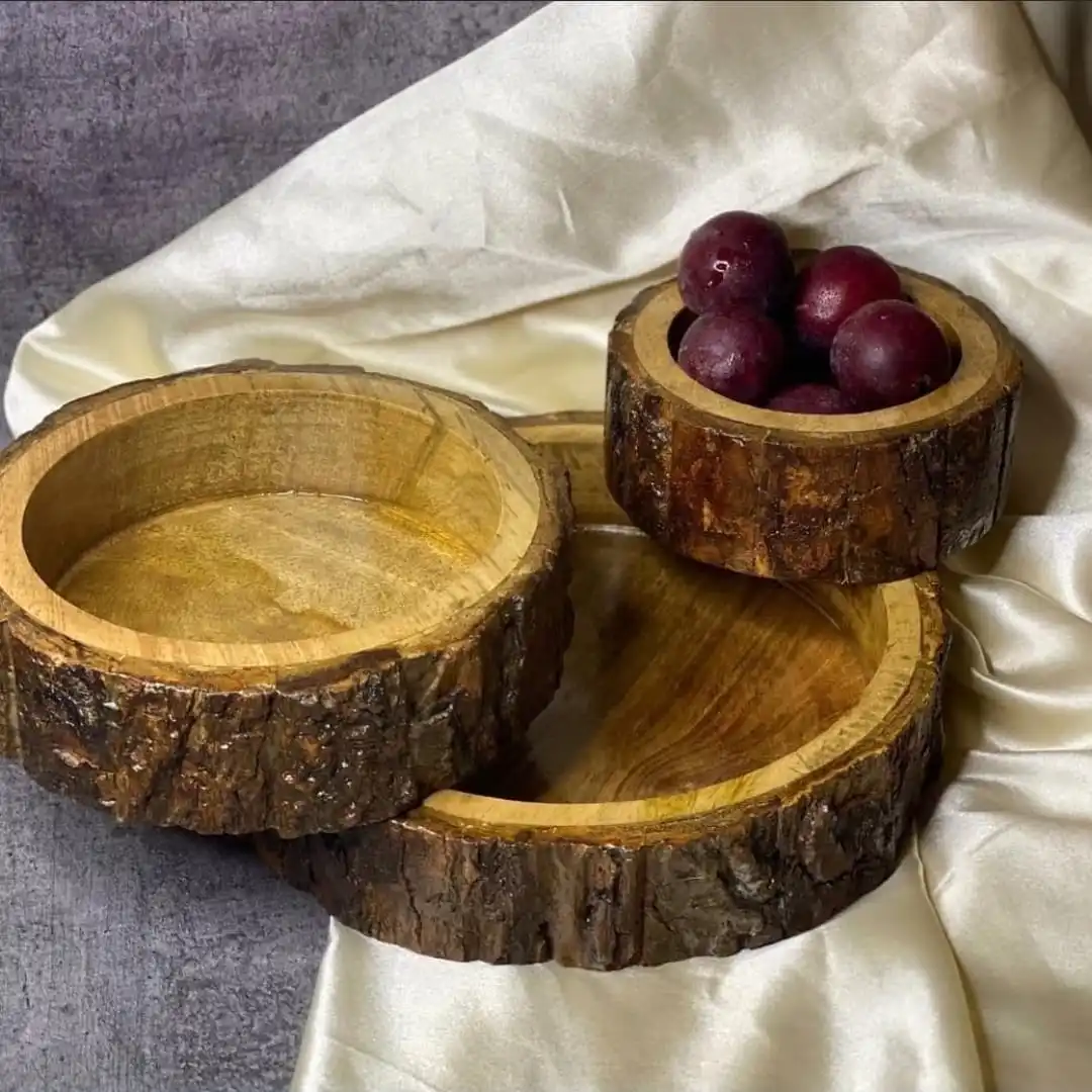 Set of Mango Wood Dry Fruit Bowls with Tree Bark Eco-Friendly and Stylish