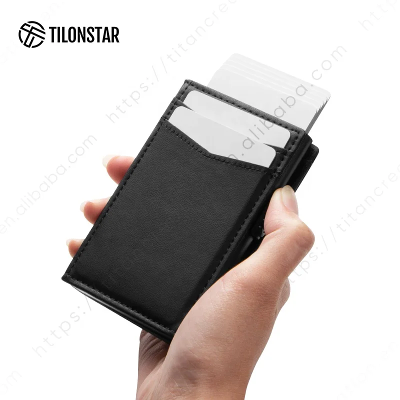 TILONSTAR TVC329 Pop Up Rfid Card Holder With Id Windows Slim Leather Aluminum Credit Card Holder Wallet For Men