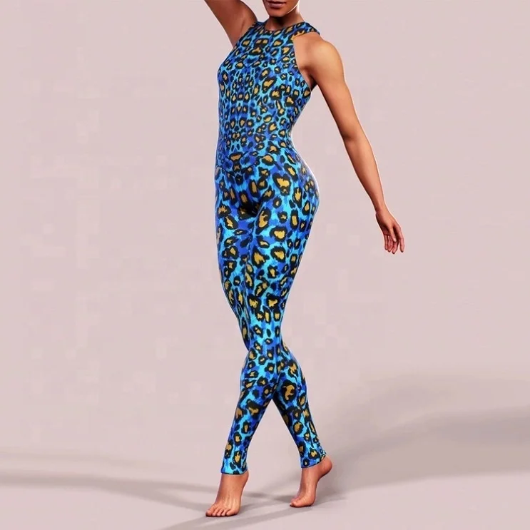 Workout Custom Printed Leopard Pattern Tight Sleeveless Yoga Jumpsuit For Women by Punchin SPorts