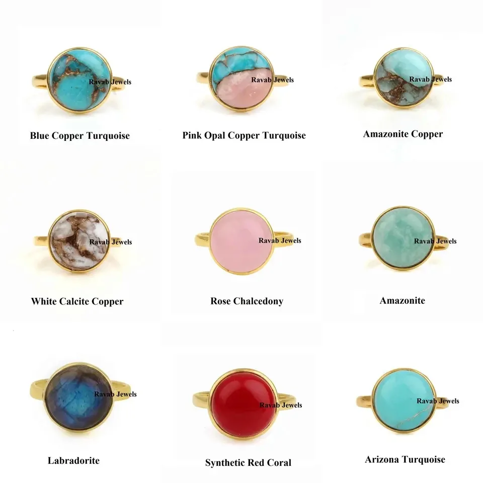 Best Selling New Design 10mm Natural Peach Moonstone Bezel 18k Gold Plated Sterling Silver Round Dainty Gemstone Ring For Women
