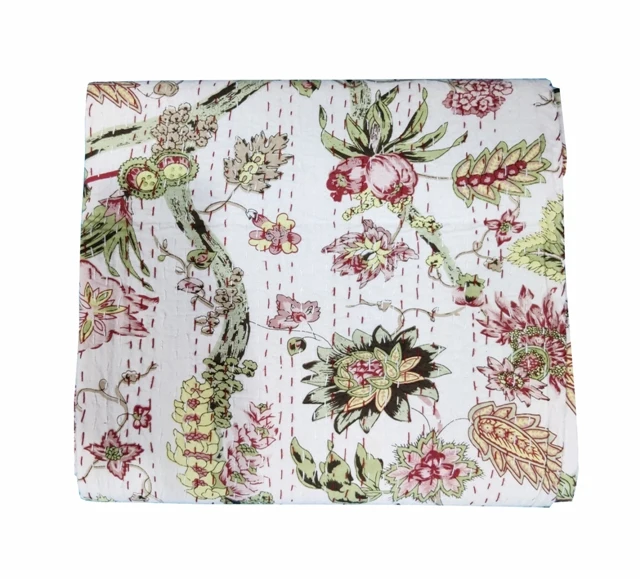 Flower Kantha Hand Block Print Cotton Kantha Quilt Indian Kantha BedCover Handmade Quilt, Kantha Bedspread Twin/Queen/king Size