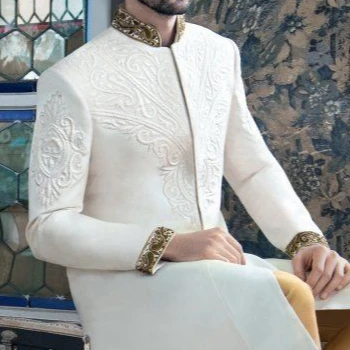 NEW--ELEGANT EMBROIDERY ON WHITE SHERWANI WITH STOLE ON SILK FABRIC & ALSO MATCHING SHOE WITH DRESS for PARTY-WEAR/WEDDING @2023