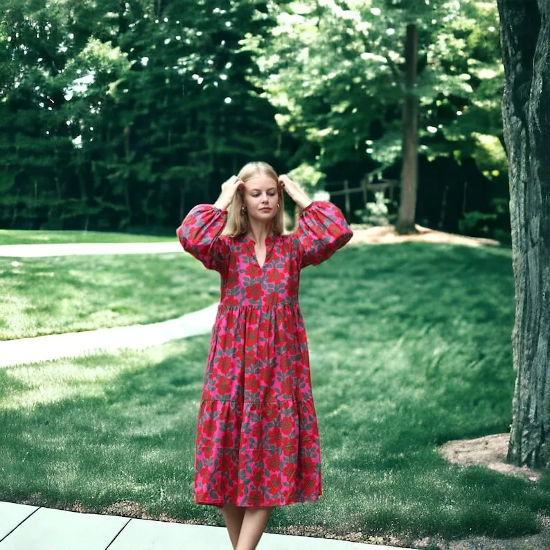 Indian Ethnic Floral Cotton Maxi Dress Bohemian Style with Hand Block Print and Long Bell Sleeves Casual Dresses for Women