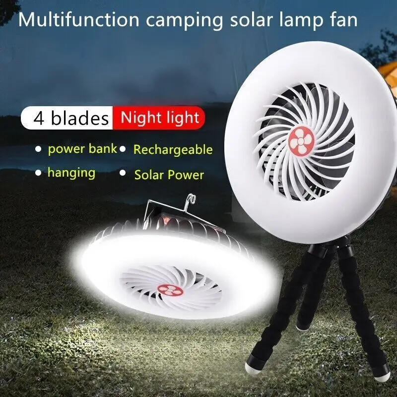 Outdoor Portable Hanging Hook Energy Tent Light 1200mAh Rechargeable USB Solar Camping Fan with LED Lamp