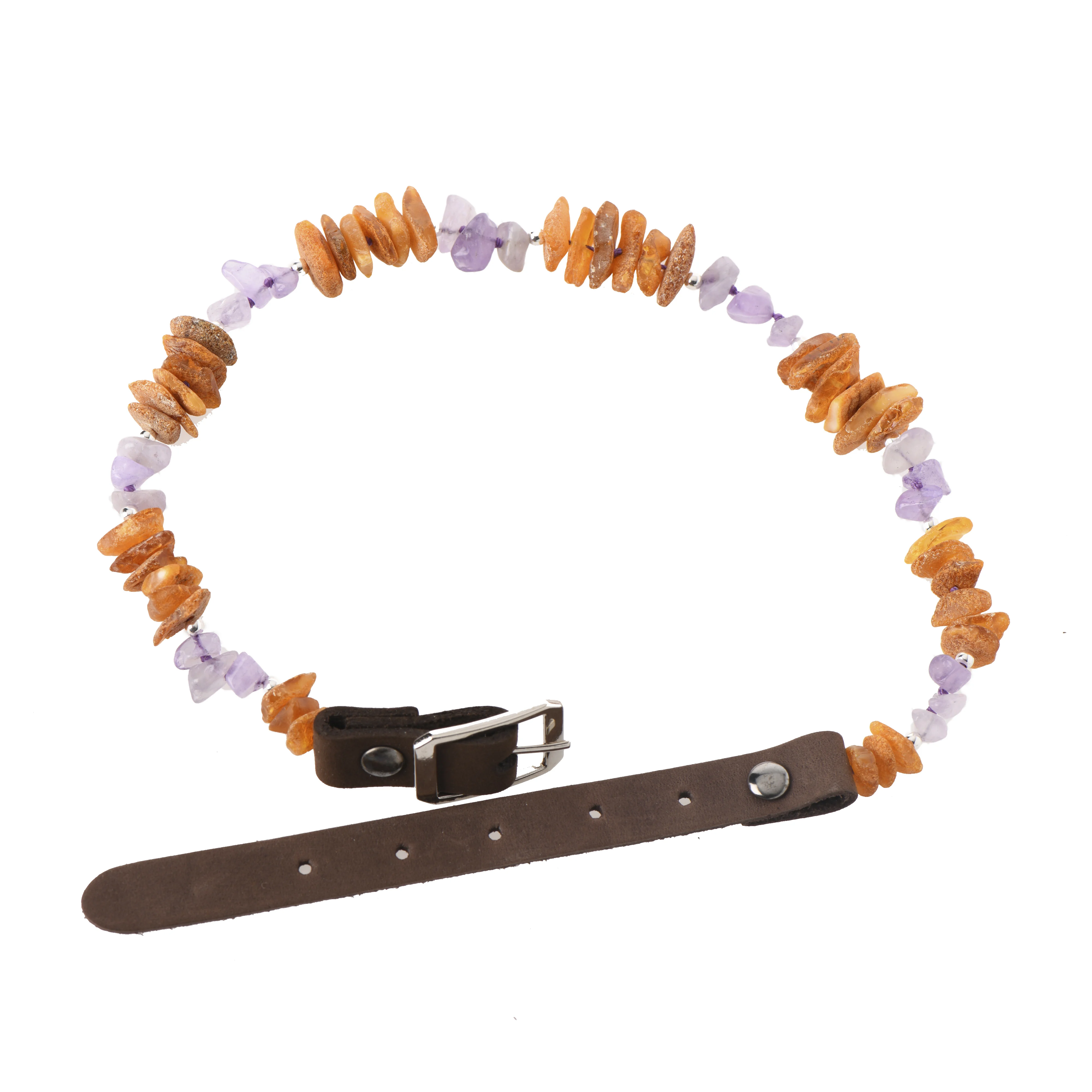 Cognac & Honey Amber & Silver & Amethyst Pet Collars with Leather Strap, Various sizes Adjustable chain