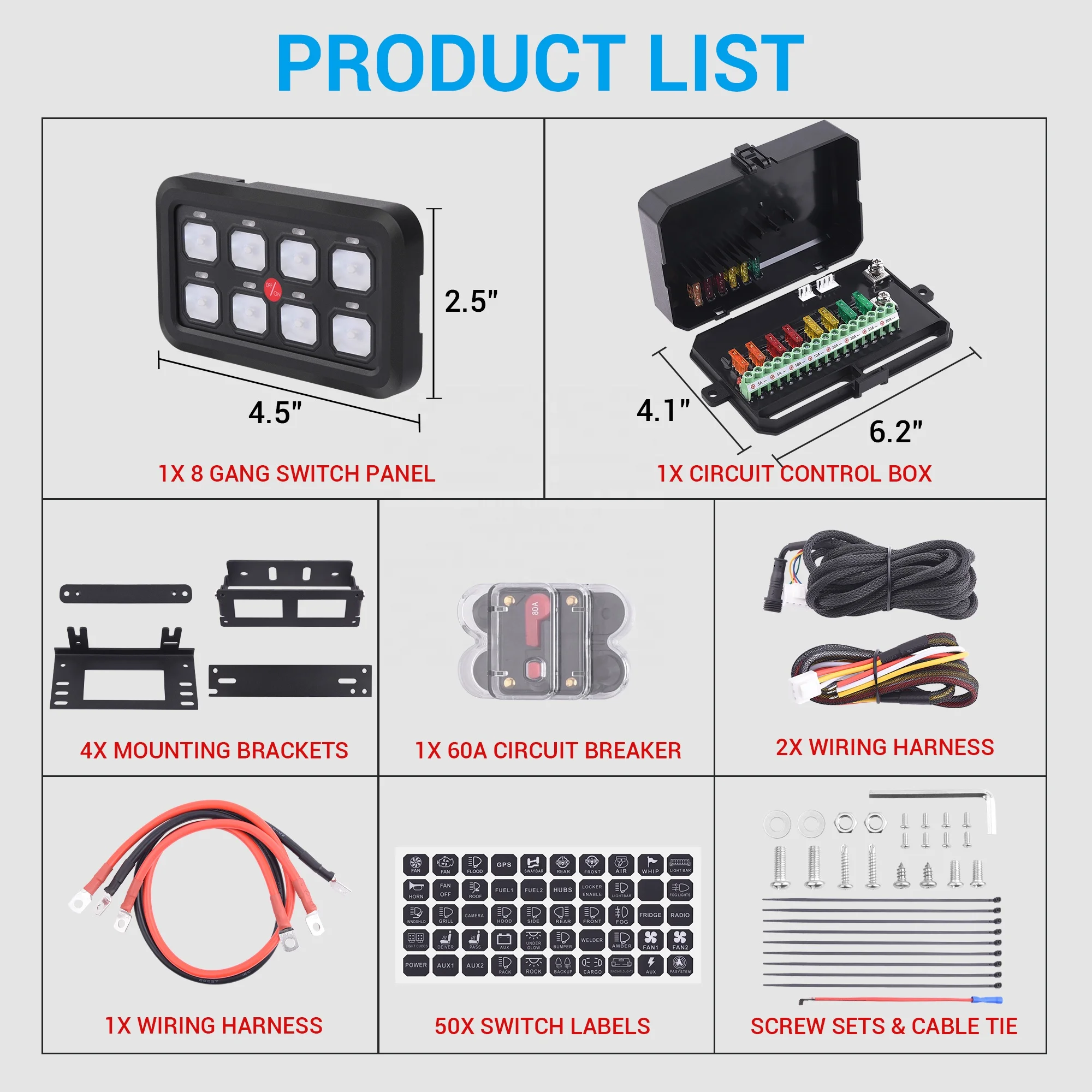 MICTUNING Universal  Push Button Switch Touch Screen Circuit Control Box 8 Gang Switch Panel Kit for Car Truck Pickup Boat