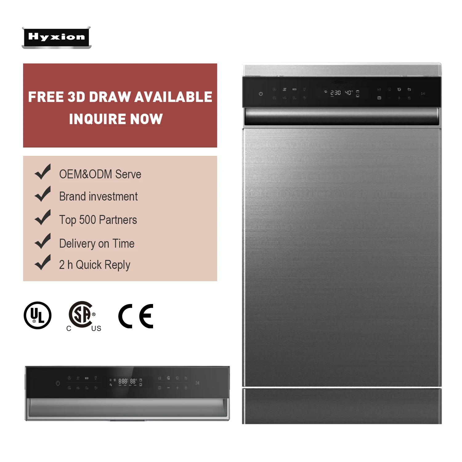 Hyxion Stainless steel kitchen Appliances 45CM FREE STANDING Auto Hygiene ECO  90 min dishwashers