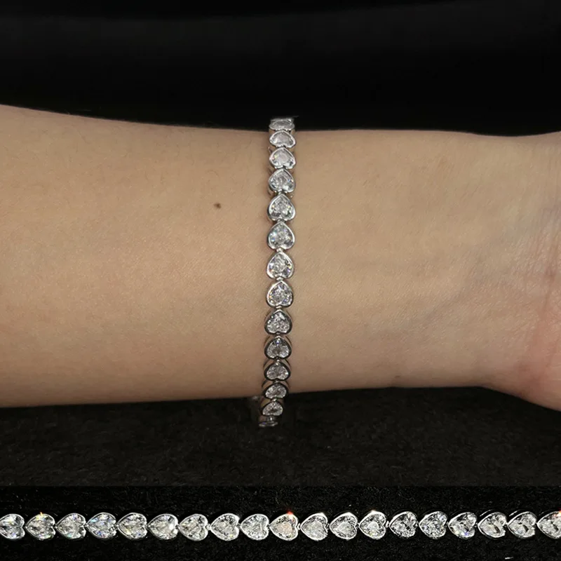 Surrounded heart-shaped zircon tennis bracelet S925 silver material row diamond single row bracelet super flash exquisite full