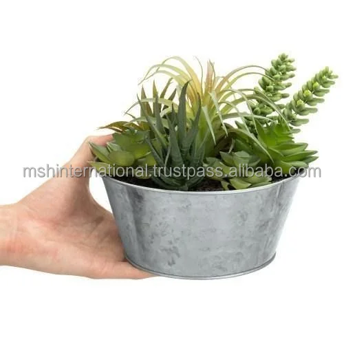 Artificial succulent arrangement with galvanized metal planter this rustic planter faux succulent arrangement makes it easy to