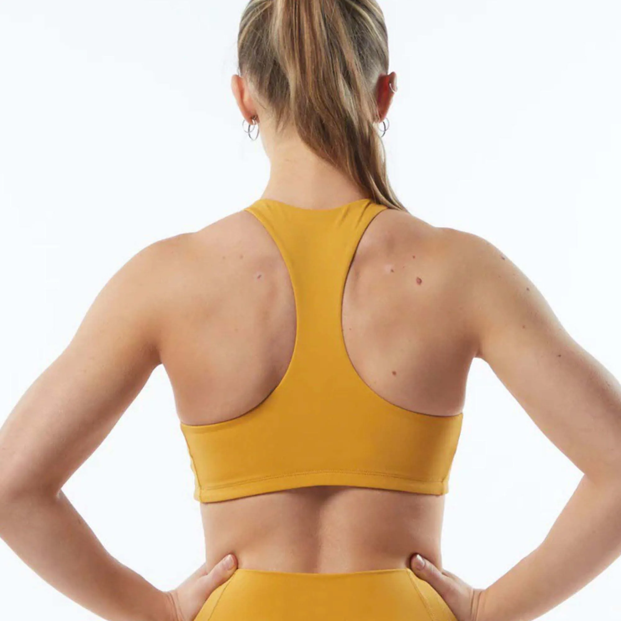 78%Nylon22%High Neck Style Fit Racer Back Bindingless Hem Womens Breathable Medium-Support One Piece Exotic Yellow Sports Bra