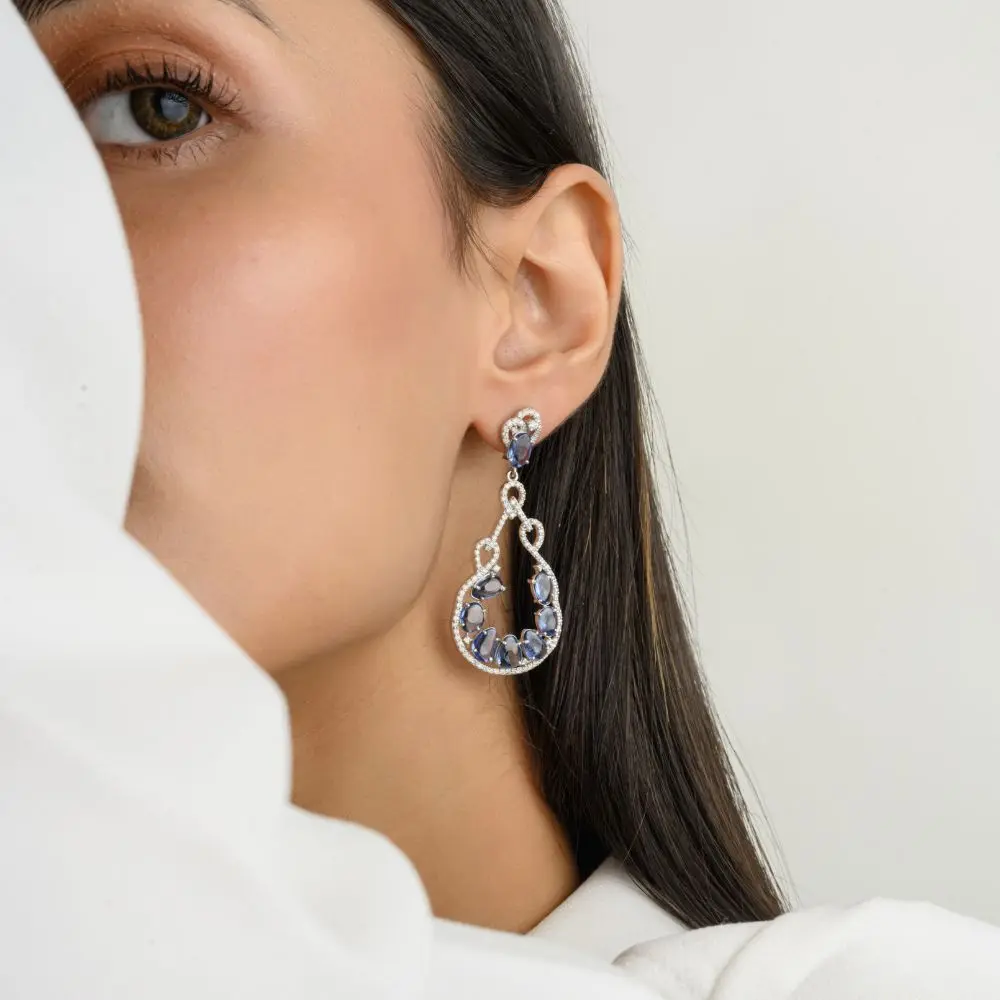New Trendy Handmade Fine Jewelry Natural Blue Sapphire and Diamond Chandelier Earrings in 18k Solid White Gold Fine Jewelry