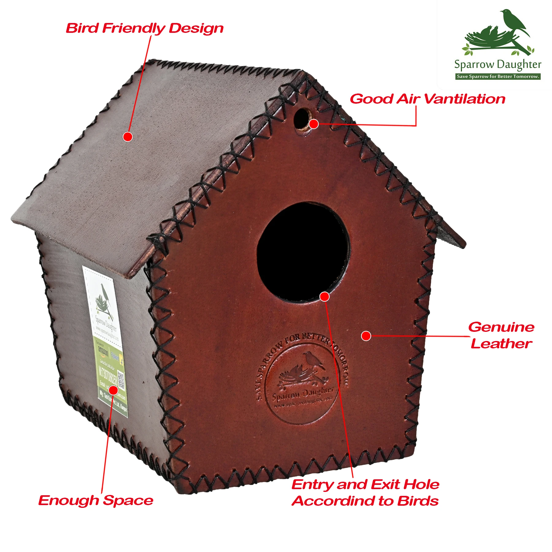 CUSTOM BIRD SHELTER NESTING BOX LEATHER CRAFTED NATURE FRIENDLY HUT SHAPE LEATHER BIRD AVIARY
