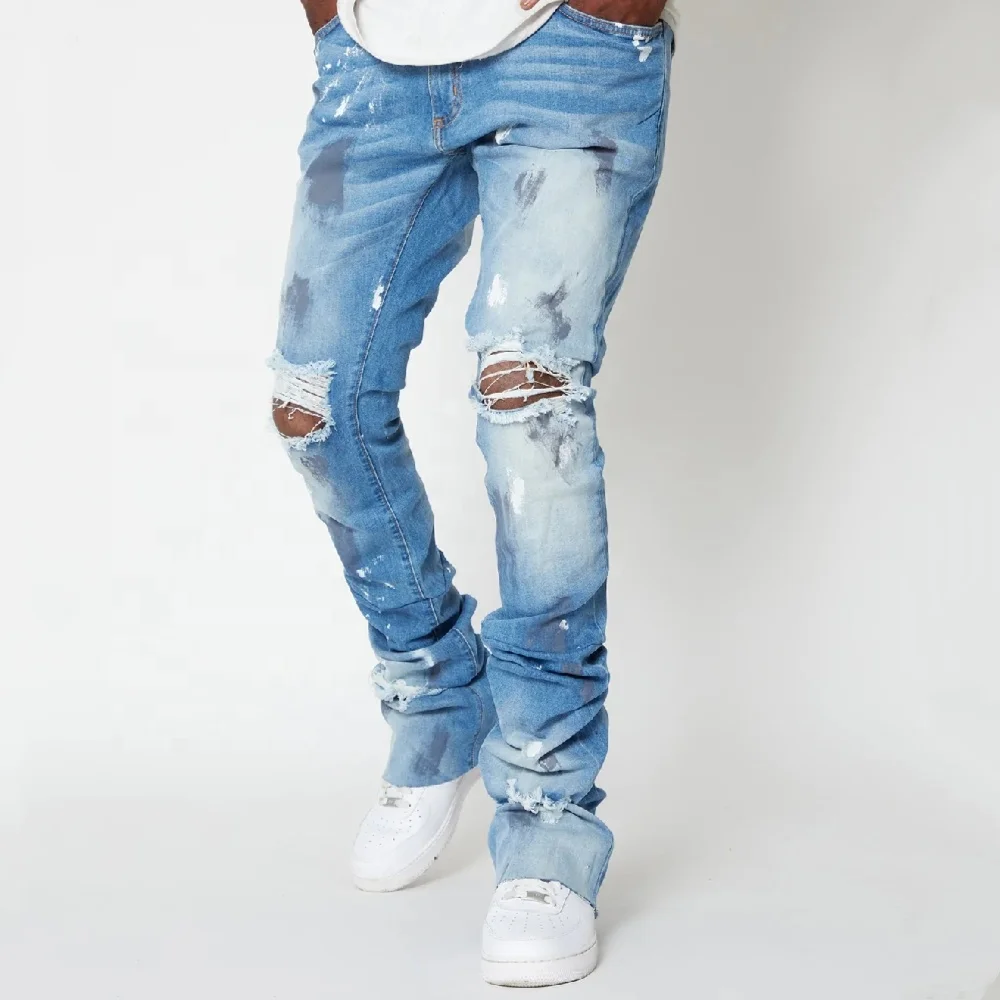 OEM/ODM custom stacked jeans men hole ripped jeans men print stacked jeans men distressed denim pants