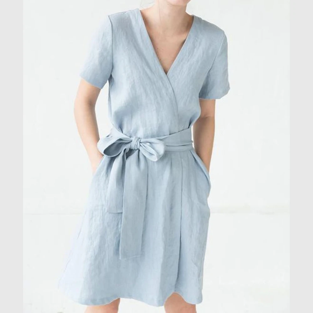 Sky Blue Linen Casual Beach Wear Tie Dress Customized Low Moq Solid Dress Made With 100% Linen Made By Zed Aar Exports