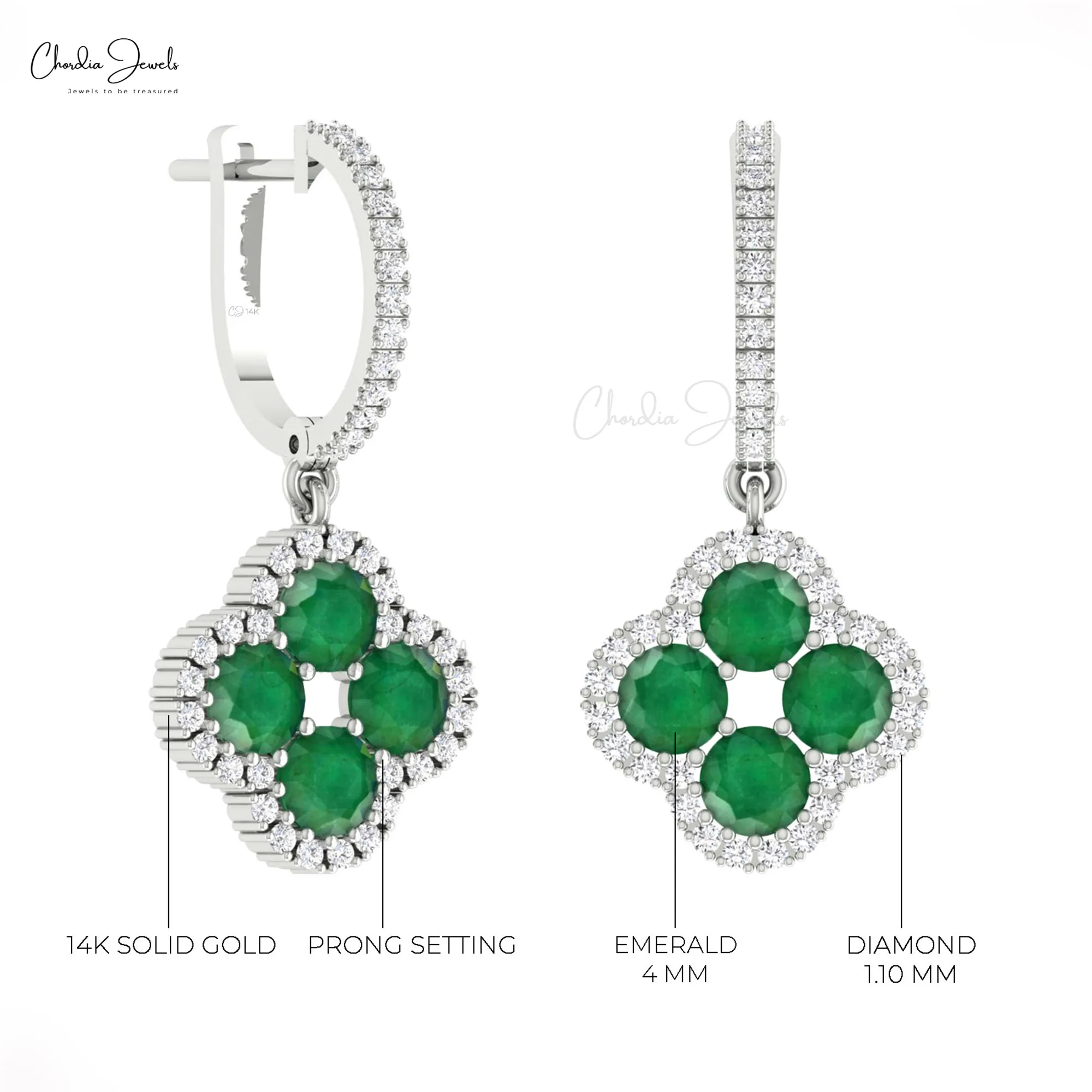 2024 New Products 4mm Round Emerald Gemstone Dangle Earrings 14k Real Gold Diamond Halo Clover Earrings Wholesale Fine Jewelry