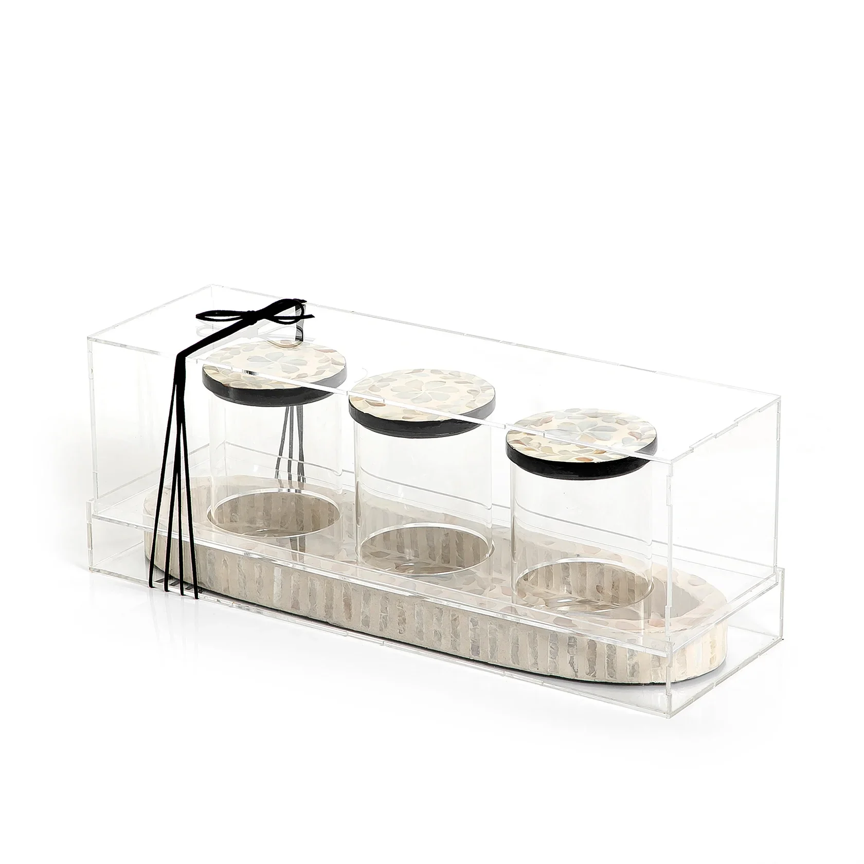 Elegant Mother of Pearl Mosaic Inlay Set Spice Glass Storage Jars Set of 3 Glass and Shell Jars with an Acrylic Lid Kuwait