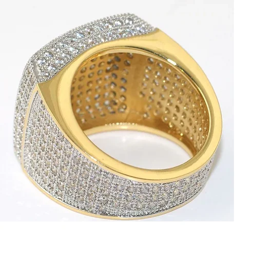 Large Square Design Iced Out Hip Hop Certified Gold Real Diamond Pave Setting, Band Ring Jewelry Gift For Men