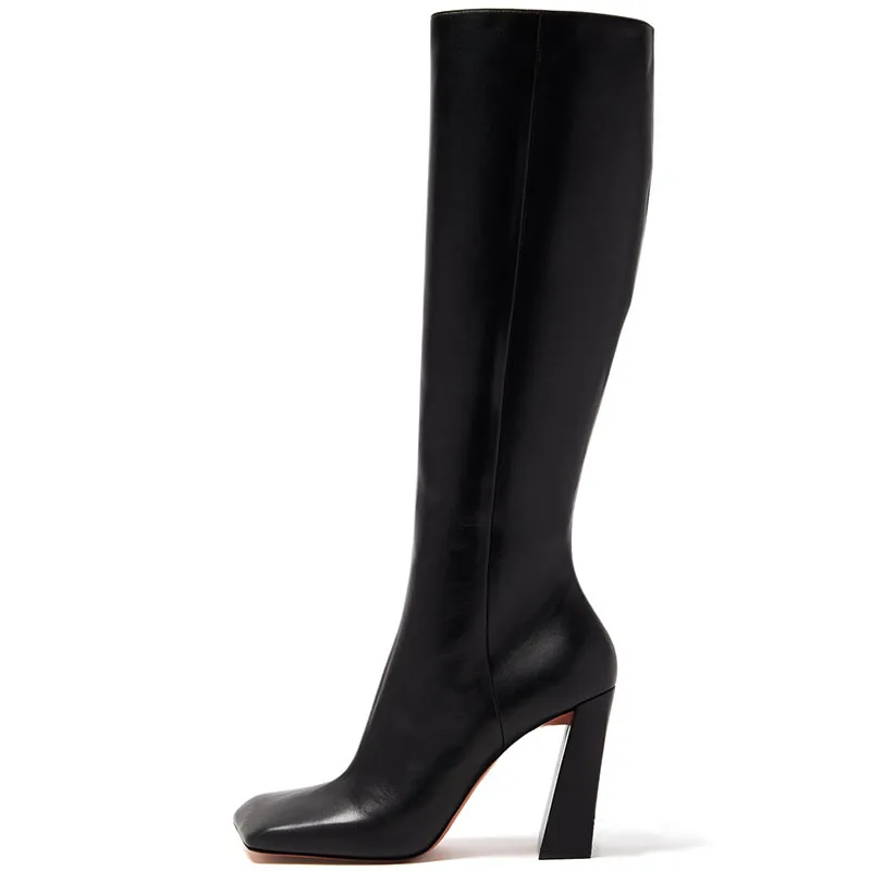 Fashion covetabel luxury wholesale custom zip fastening square toe 9.5cm block high heels women knee boots shoes